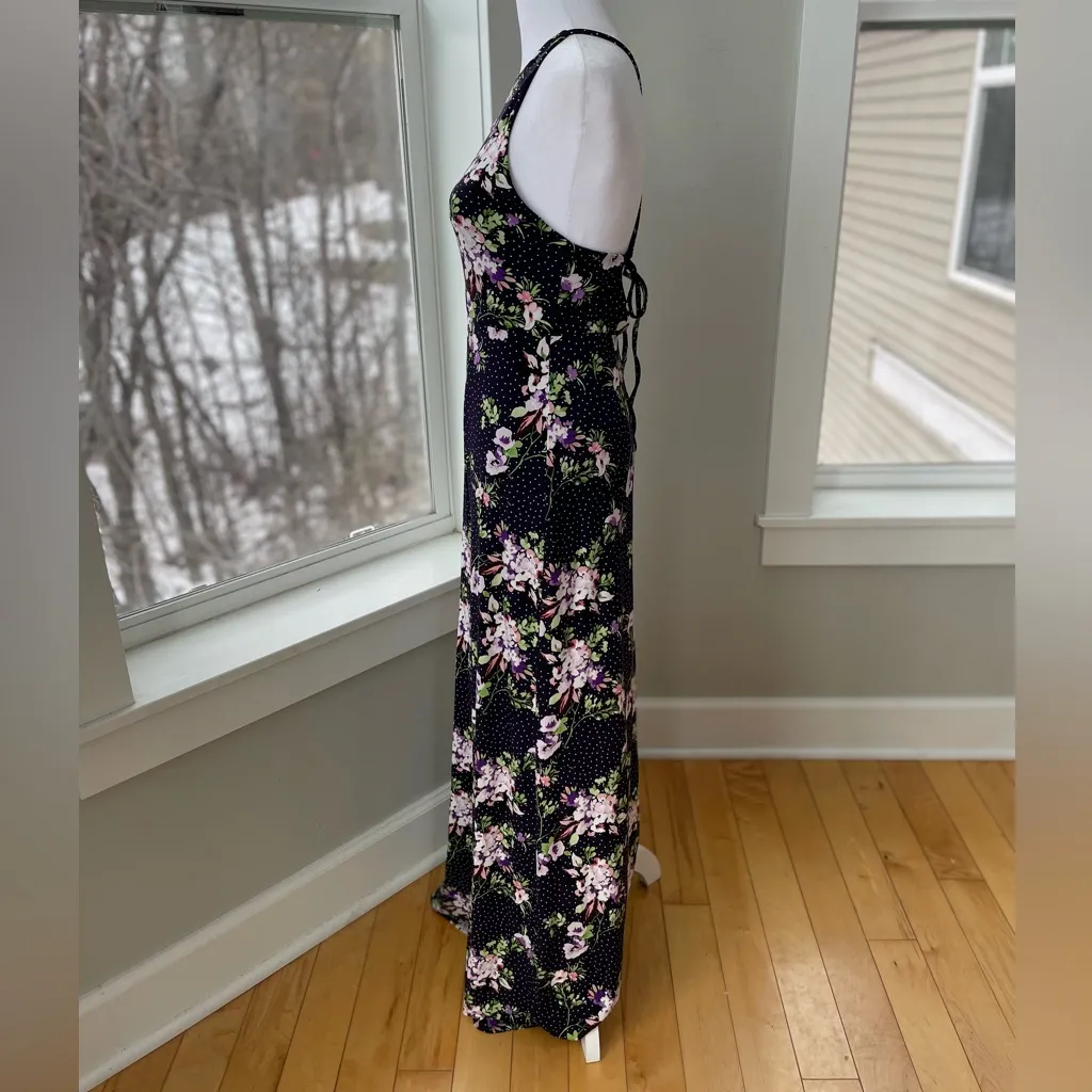 EXPRESS Dark Purple Floral Polka Dot Print Tie Back Backless Maxi Dress Size XS - Image 5