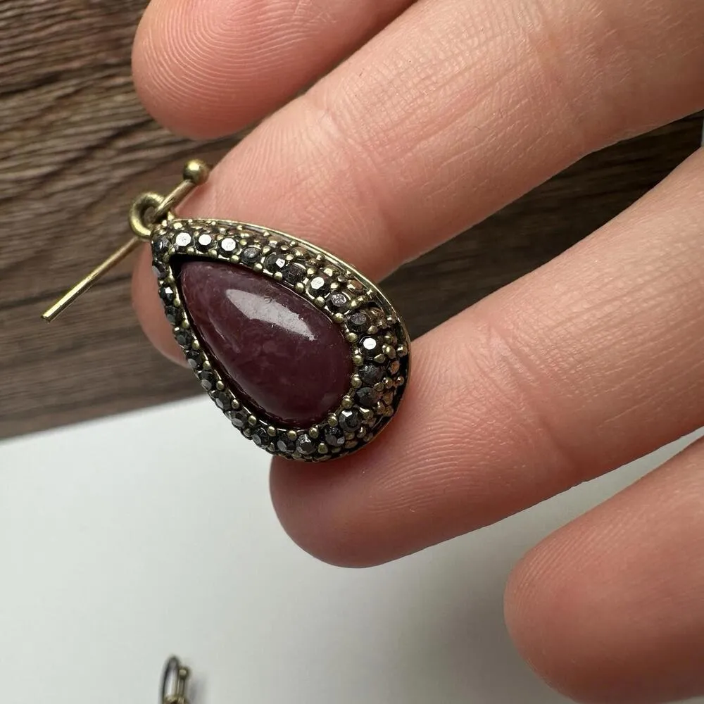 Lia Sophia Plum Red Teardrop Rhinestone Dangle Pierced Earrings Bronze Tone - Image 6