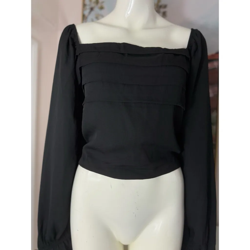 Francesca’s Mi Ami Black Square Neck Pleated Crop Long Sleeve Blouse XL - Image 2