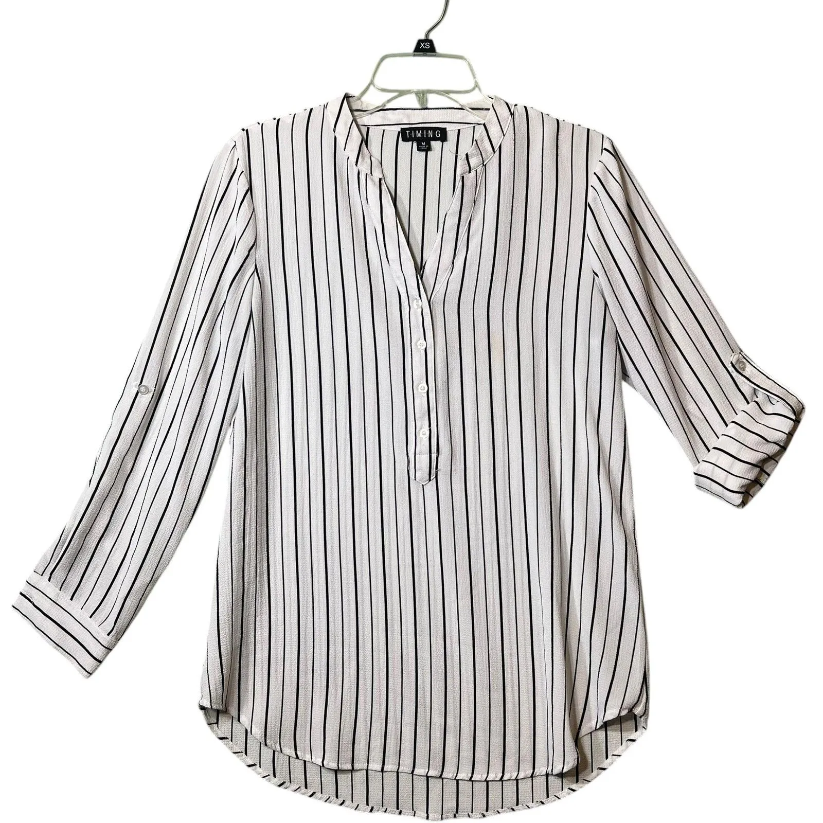Timing Shirt Womens Medium White Black Striped Split Neck Roll Tab Sleeve Tunic - Image 2