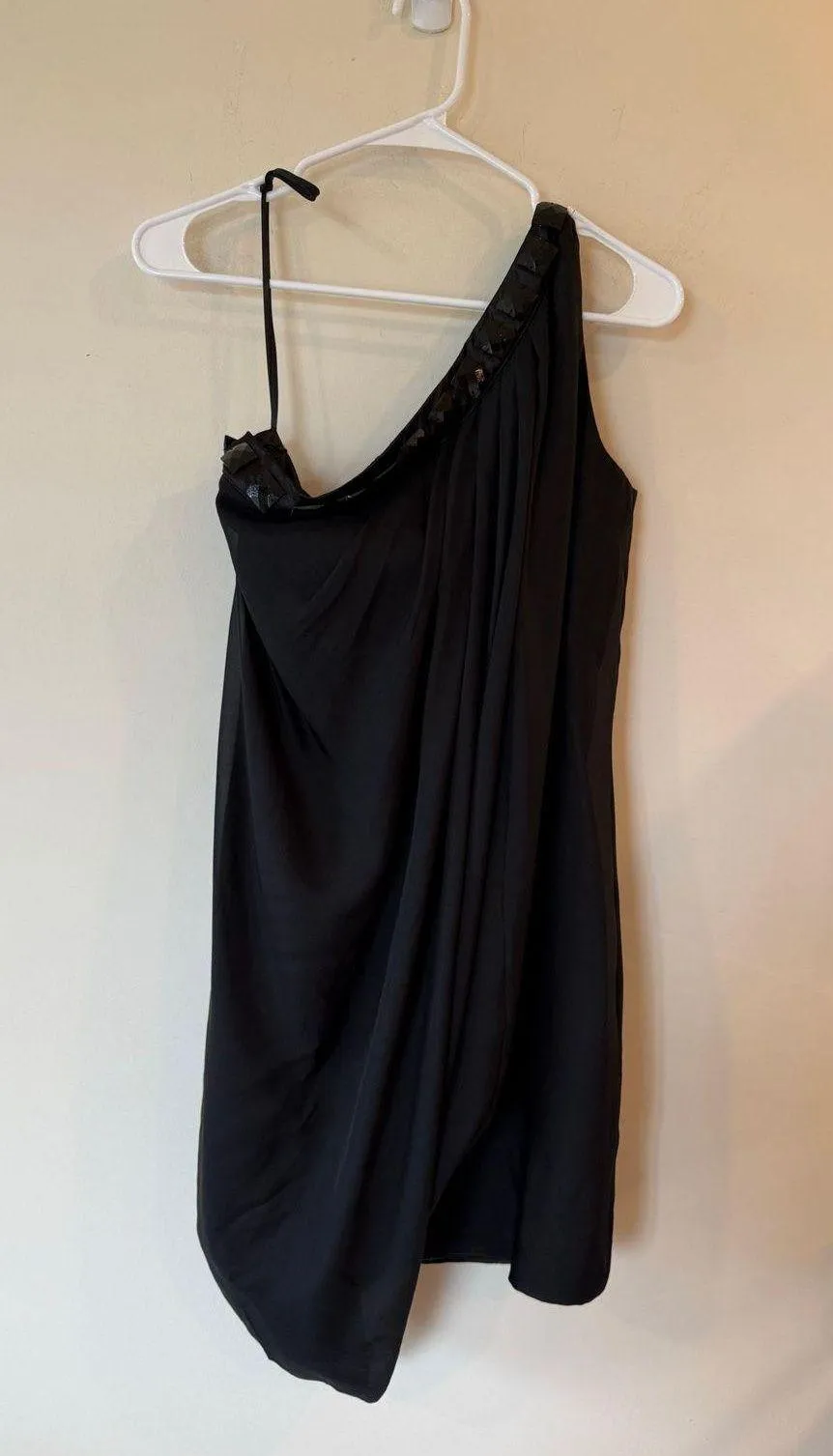 Badgley Mischka One Shoulder Asymmetrical Beaded Mini Dress Black Women Size 10 - Image 1