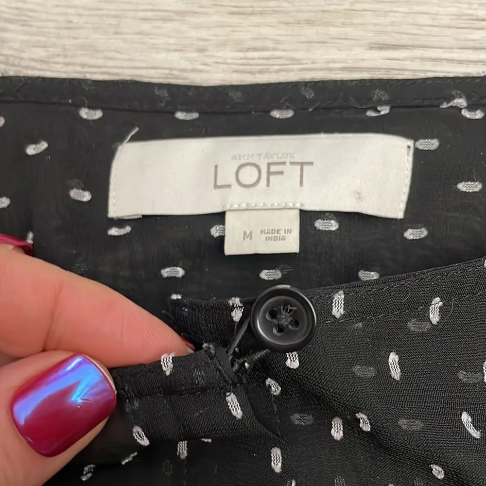 Black with Embroidered White Print Long Sleeve Button Down Blouse Size M - Image 11