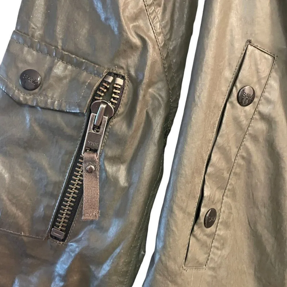 SAM Olive Waxed Hooded Parka Jacket Green - Image 3