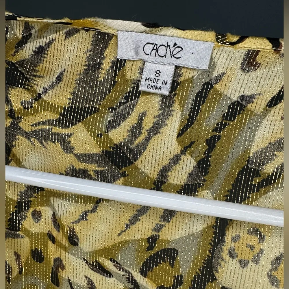 Vintage 1980s Cachè Gold Cheetah Print Silk Dolman Blouse Cinched Waist Women S - Image 11