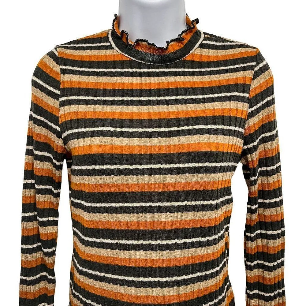 Gaze Retro Ribbed Metallic Striped Ruffle Hem Long Sleeve Fitted Top Shirt - Image 54