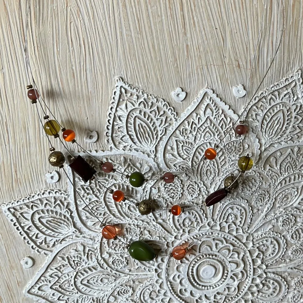 Beaded Layered Illusion Wire Necklace Orange Green Fall Tiered Boho 15-18.5” Adj - Image 3