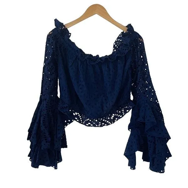 Misa Los Angeles Womens Off The Shoulder Eyelet Ruffle Cropped Top Blue‎ XL NWT - Image 2