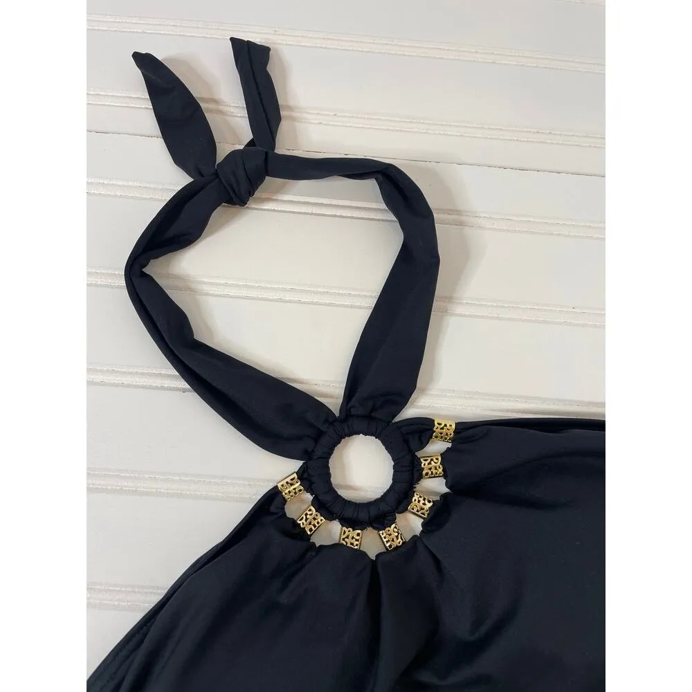 Carmen Marc Valvo Black Tribal Muse Beaded Halter Tankini Top Swimming Size XS - Image 3