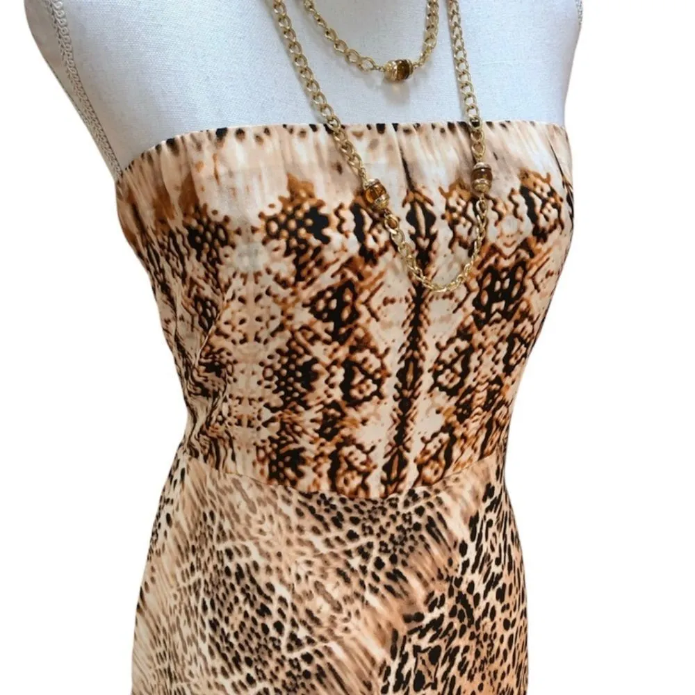 💥 Animal Print Silk Maxi Dress Tan Size L - Image 3