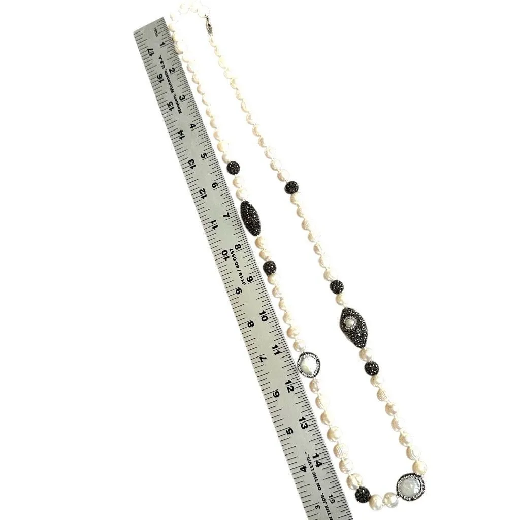 Freshwater Pearl & Pavé Crystal Long Necklace ✨ Sterling Clasp • Hand - Image 8