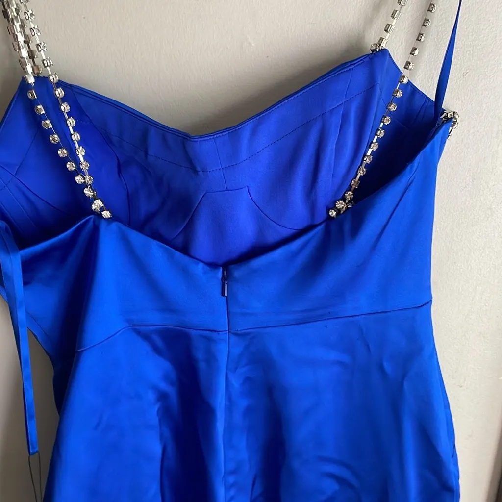 Mac Duggal Rhinestone-Strap Satin Mini Dress Indigo - Image 10