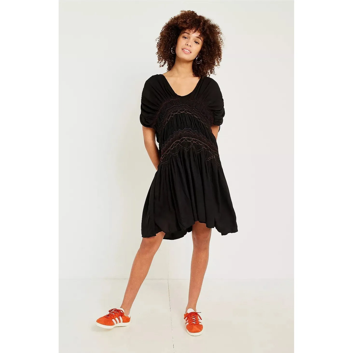 Free People Black Rainbow Smocked Boho Mini Dress S Ruched‎ Embroidered NWT - Image 6