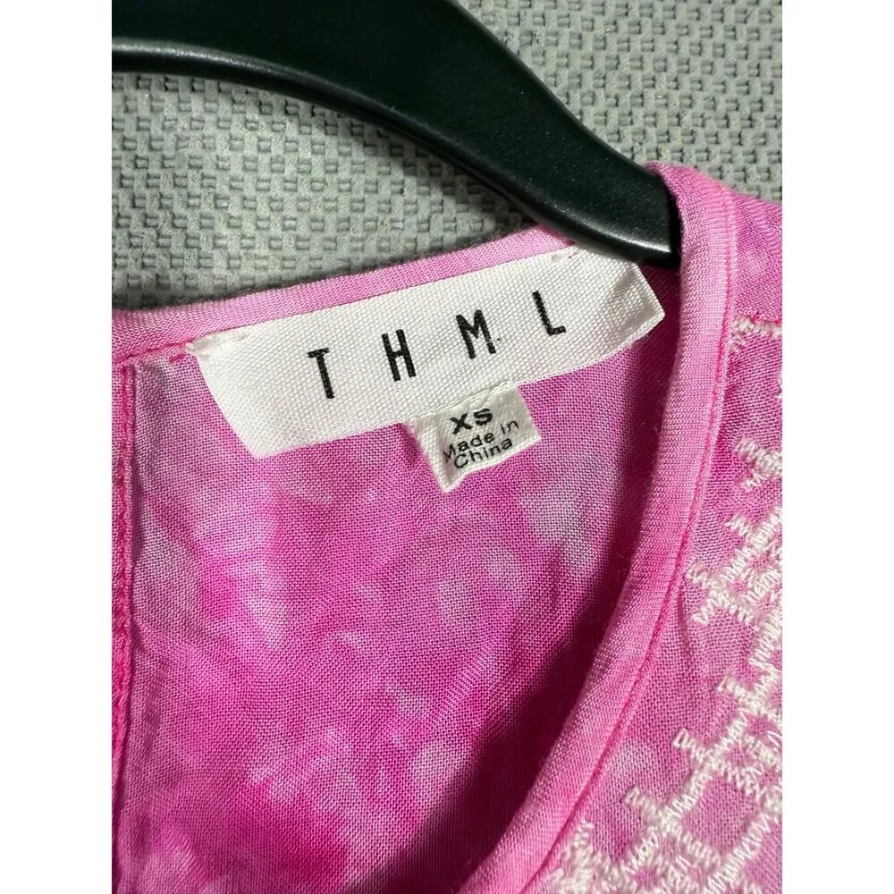 THML Pink Tie Dye Embroidered Ruffle Sleeve Blouse XS - Image 4