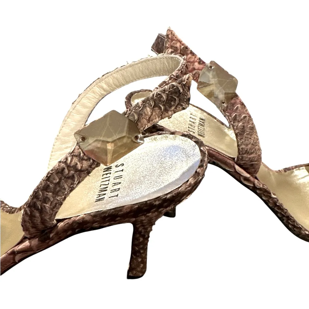 STUART WEITZMAN PINK TAN SNAKESKIN PYTHON PRINT SLINGBACK OPEN TOE HEELED SANDAL - Image 3