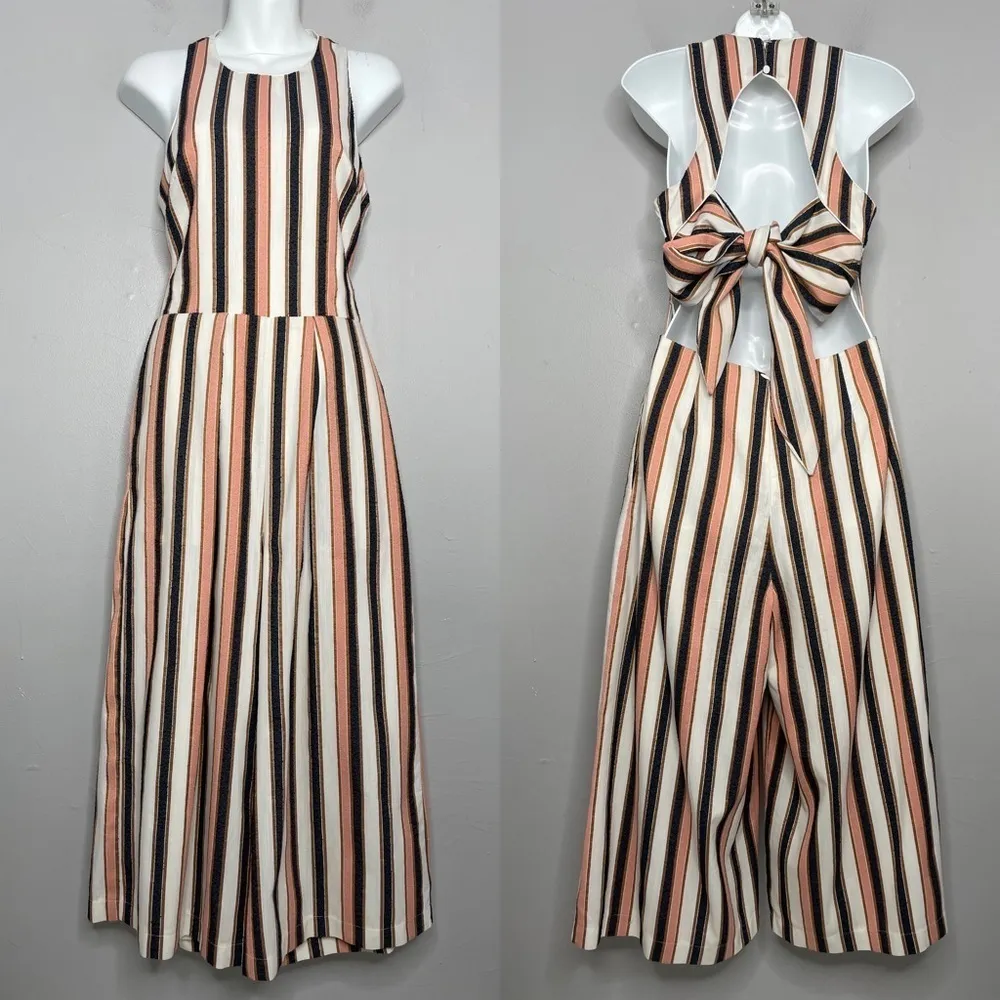 ADELYN RAE Gidget Striped Woven Sleeveless Tie Back Cropped Jumpsuit Size Small - Image 4