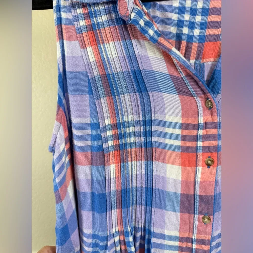 Terry Sky Multicolor Sleeveless Button Preppy Plaid Pink Blue Lightweight Top - Image 3