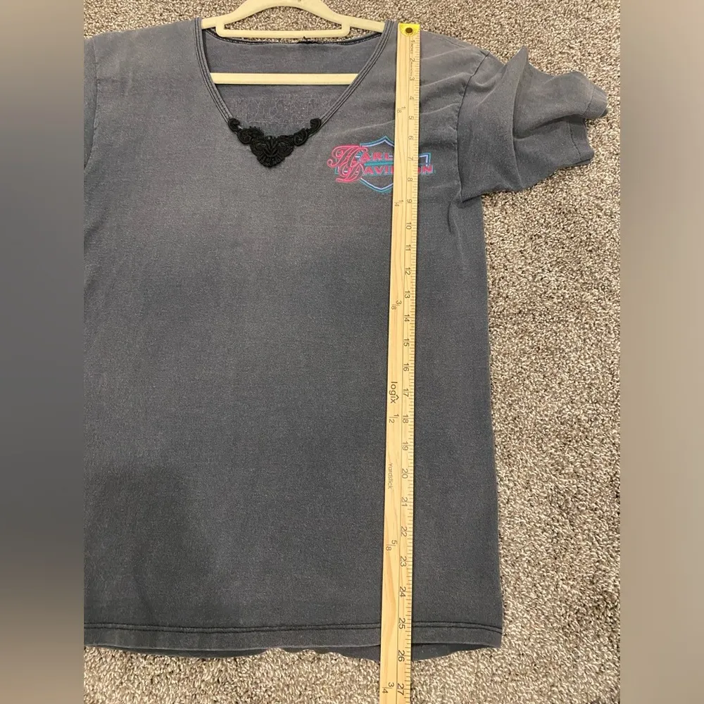 Harley Davidson Vintage V Neck Crochet Trim Beaver Biker Beaverton Tee - Image 4