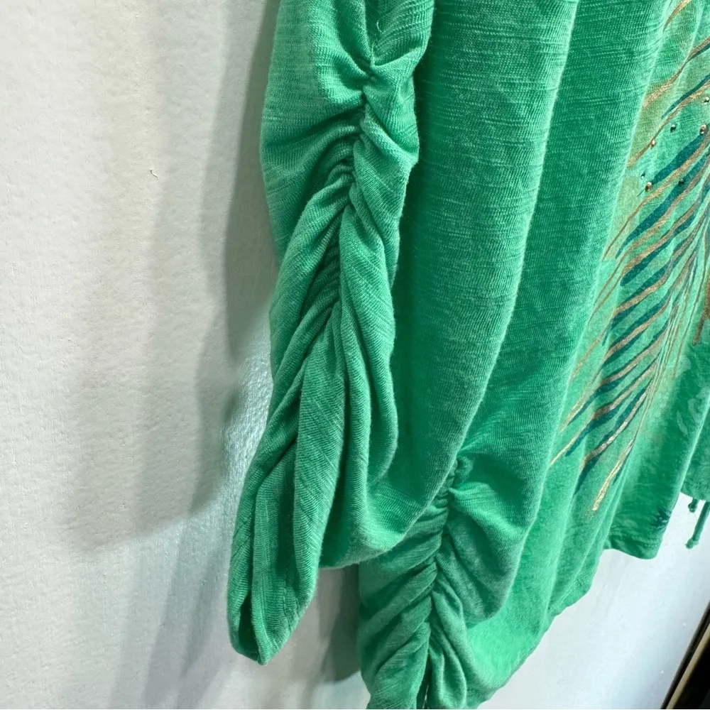 Green Lightweight Ruched Tunic w Metallic Leaves & Rhinestones by New Directions Size L - Image 5