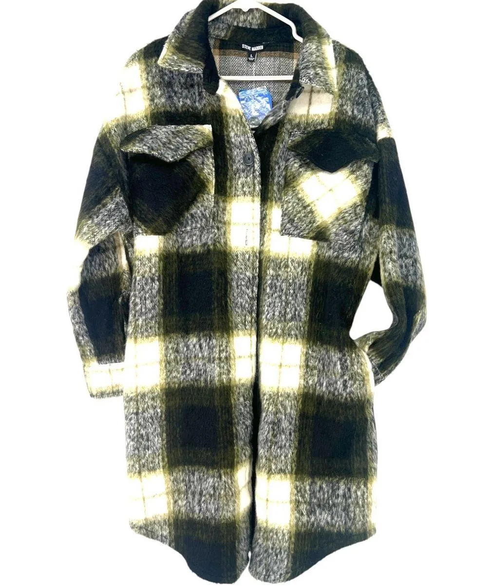 NWT Steve Madden L Women's Chloe Shirt Jacket Long Length Fuzzy Plaid Jacket Top - Image 3