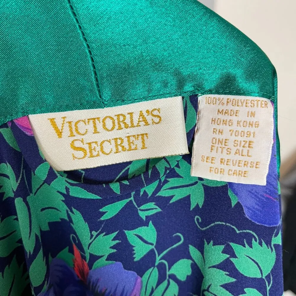 Vintage 90s Victoria's Secret Robe Floral Gold Label One Size Green Purple Silky - Image 3