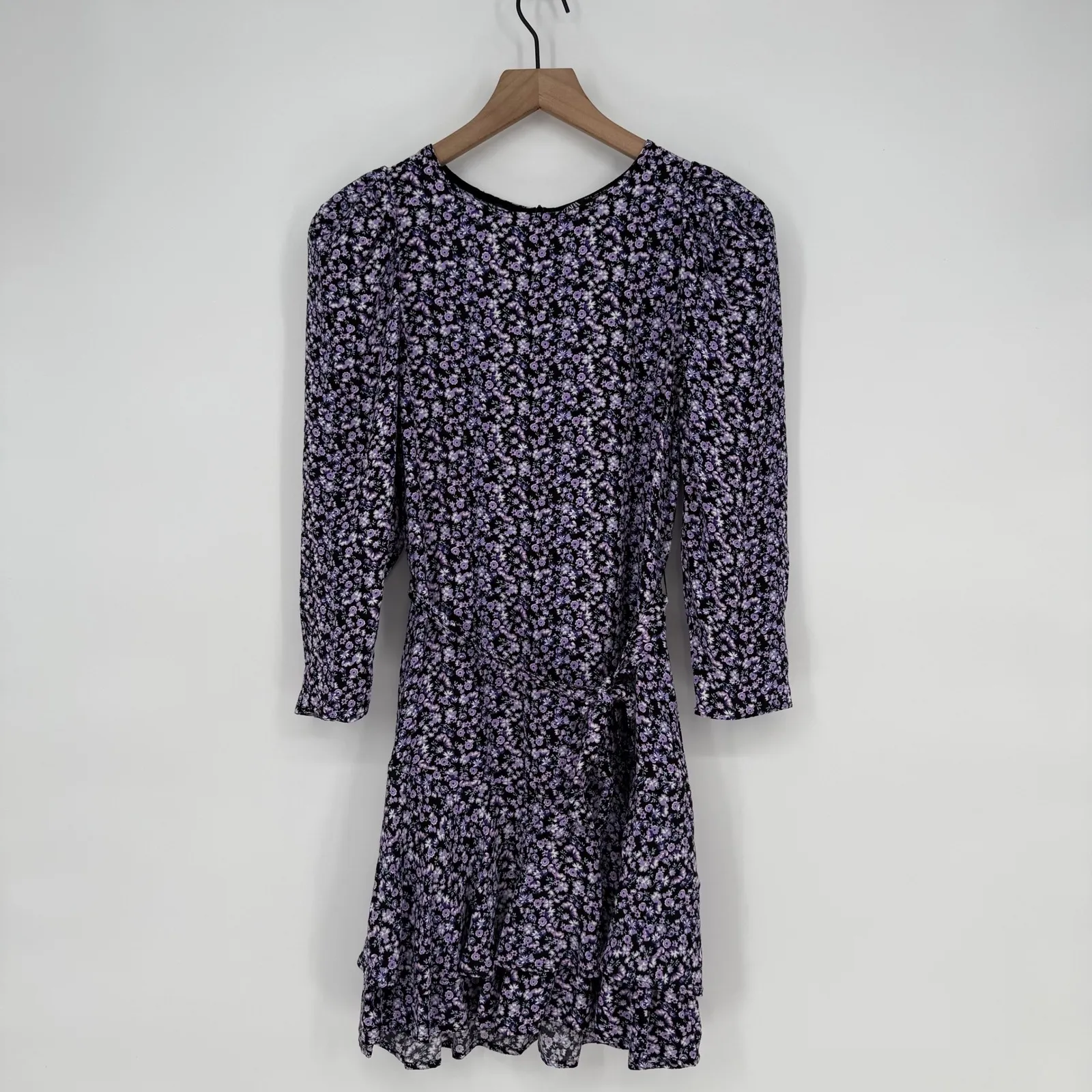 ZARA Floral Print Long Sleeve Wrap Dress Purple Black Size S - Image 2