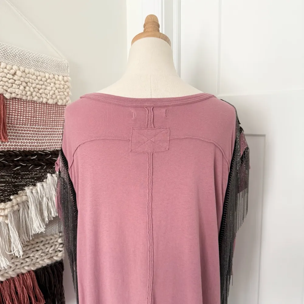Free People x Tricia Fix Metal Fringe Relaxed T-Shirt Pink Sz L NWT - Image 6