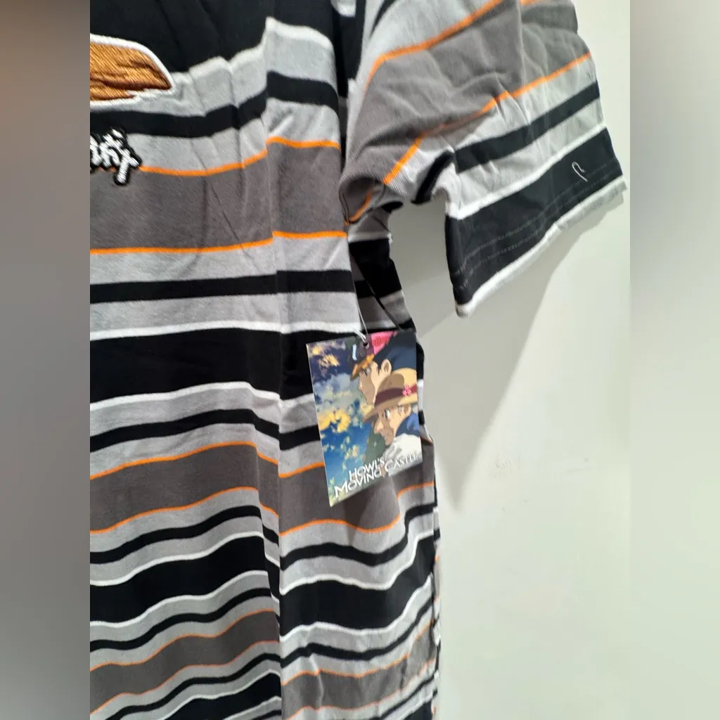 Studio Ghibli Howl's Moving Castle Calcifer Embroidered Striped T-Shirt - Image 4