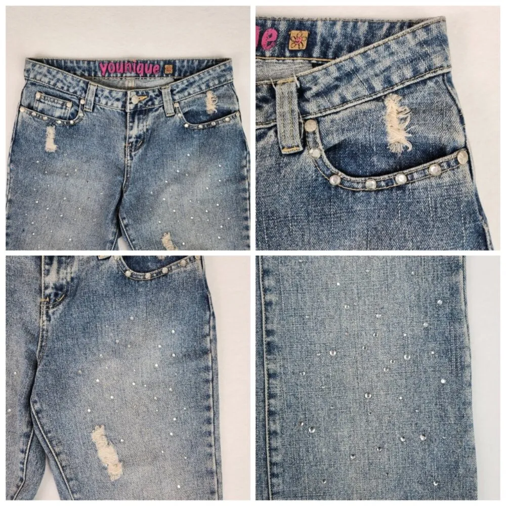 Younique Juniors Distressed Sequin Jeans Size 9 Blue - Image 5