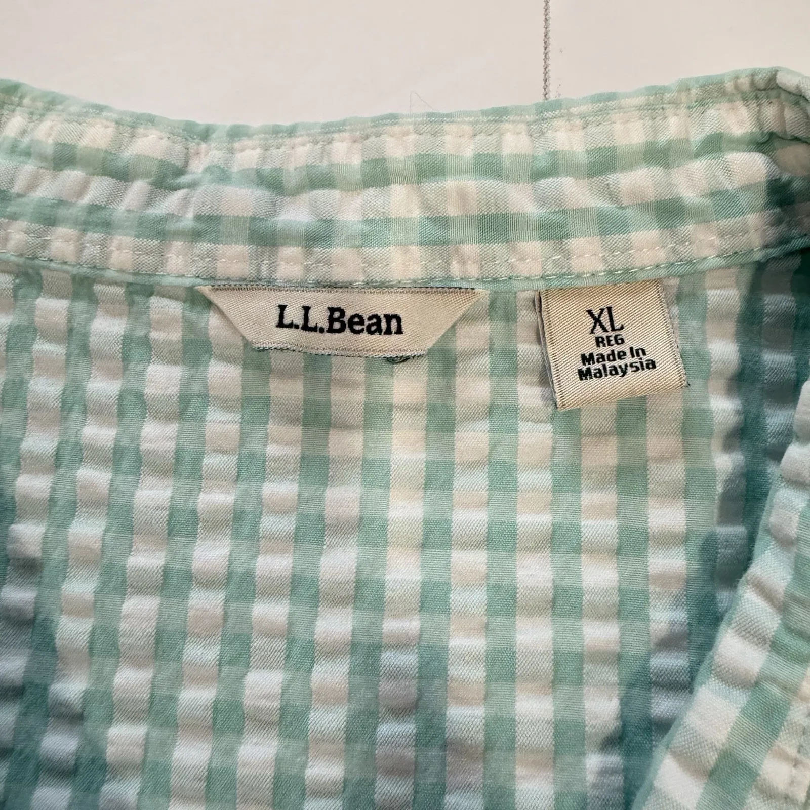 LL Bean Aqua Blue Seersucker Button Up Cap Sleeve Shirt Size XL - Image 8