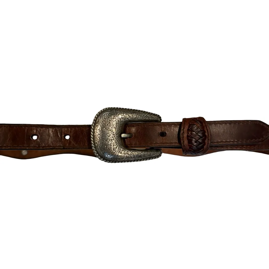 Vtg B.A.S. 95 Braided Leather Concho Western Belt Etched Floral Buckle Brown - Image 3