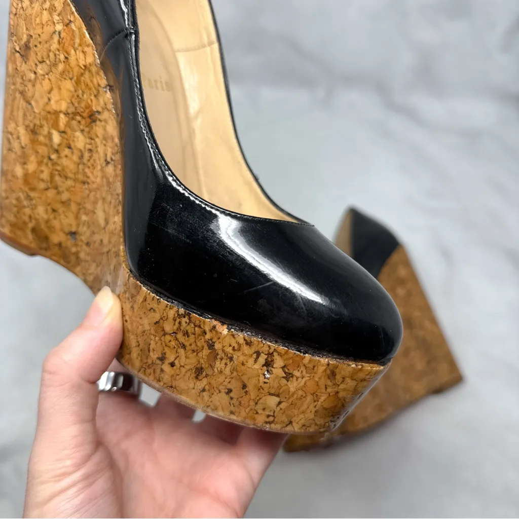 Christian Louboutin Coroclic 140 Patent Calf Leather Cork Platform Wedge Pump 37 - Image 8
