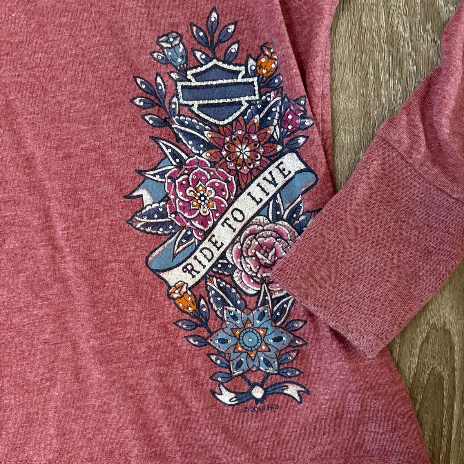 Harley-Davidson Women’s Long Sleeve Shirt Sz S Pink Retro Tattoo OK back Print - Image 4