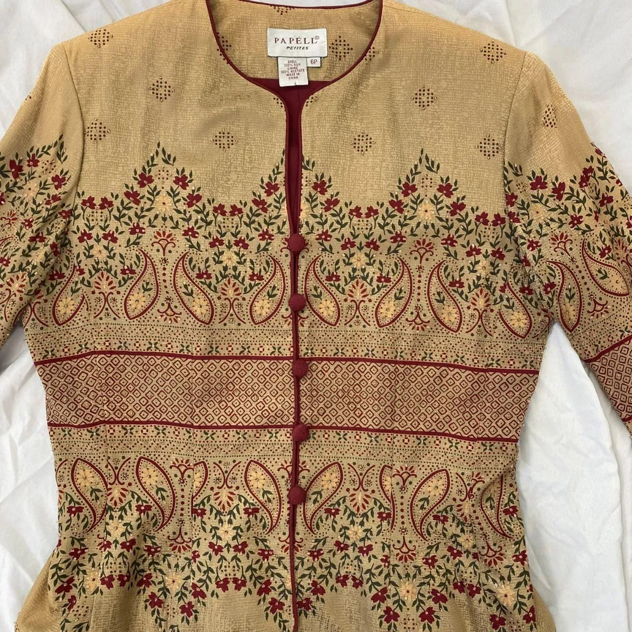 Adrianna Papell Whimsygoth Gold Burgundy Floral Beaded Silk Blazer Jacket 6 / S Red Size 6P - Image 2