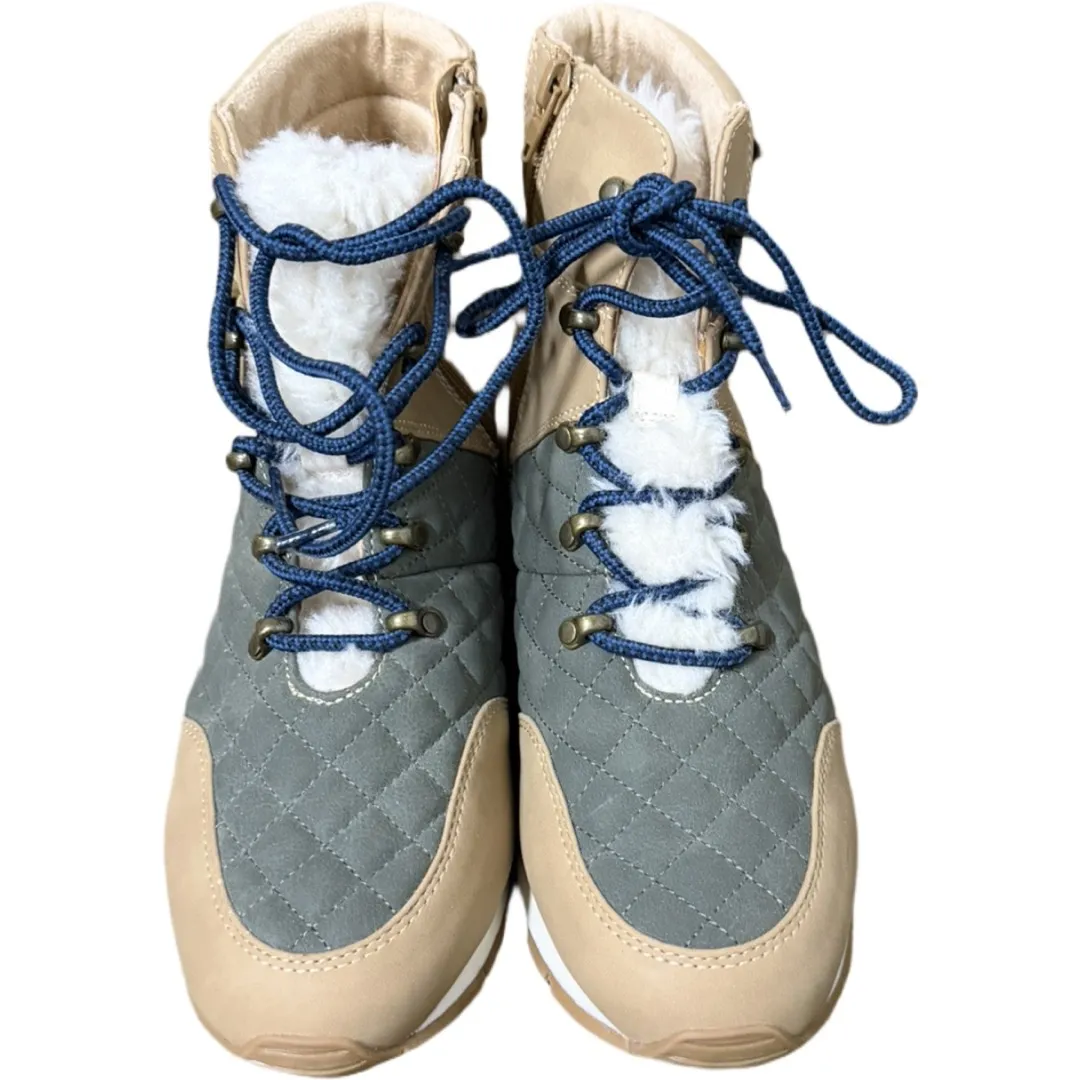 Wonderly Baluxy Beige Navy Quilted Faux Fur Trimmed Boots Size 9 1/2 Winter - Image 2