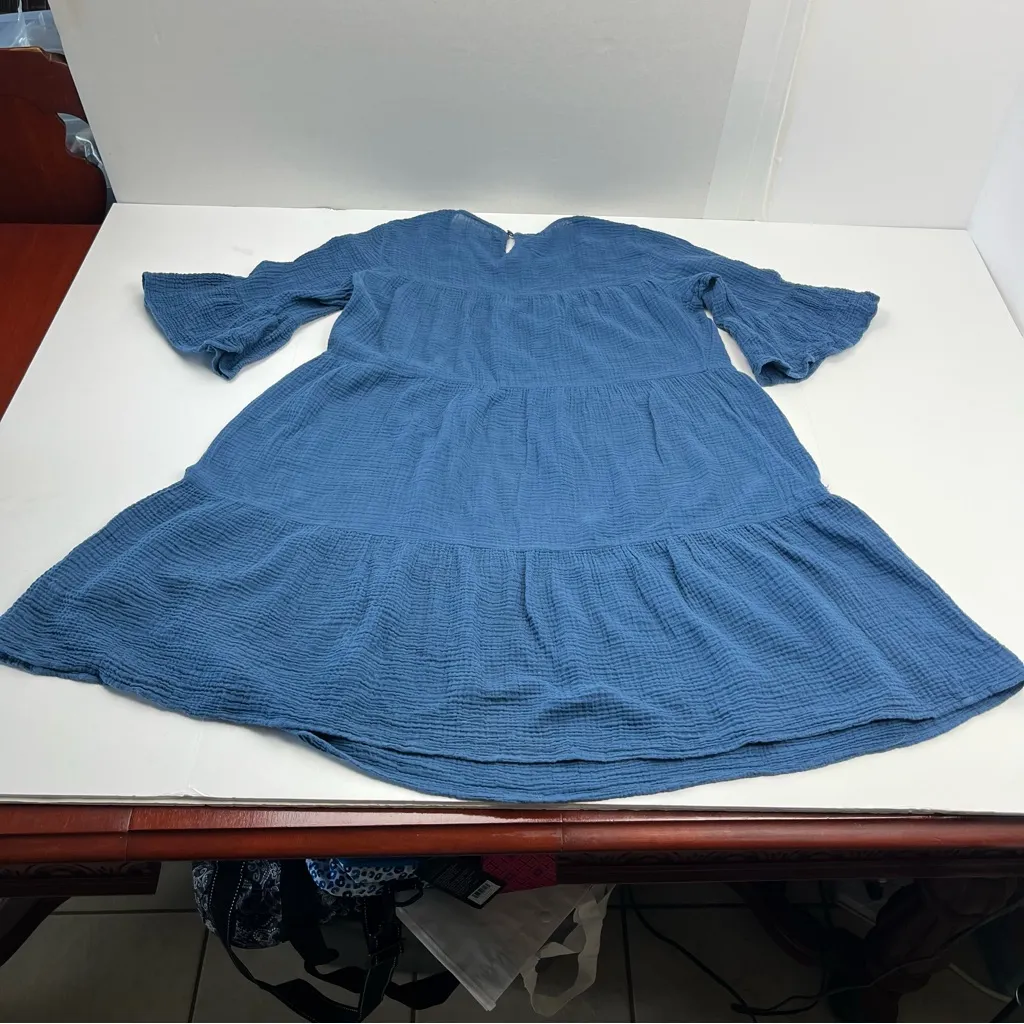 Outerknown Currents Organic Cotton Gauze Crepe BellSleeve Dress Blue Small *FLAW - Image 13
