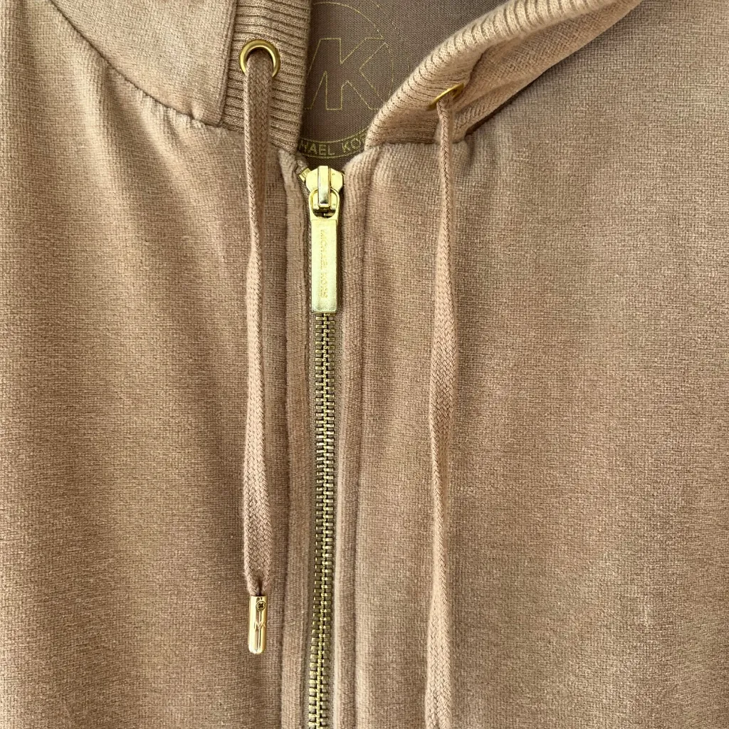 Michael Kors Sz M Tan Velour Full Zip Hoodie Jacket Sweater Pockets - Image 6