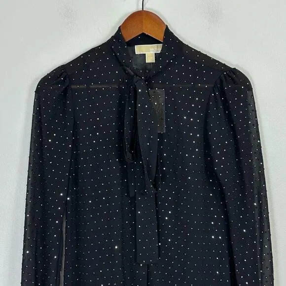 Michael Michael Kors Black Polka‎ Dot Shirt Dress XXS Bow Tie Neck Long Sleeve - Image 5