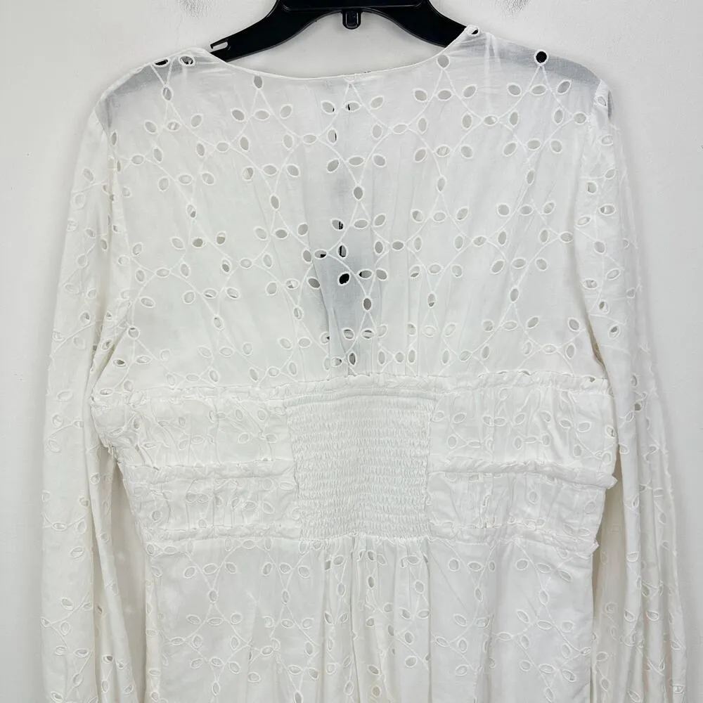 Gianni Bini Katrina Eyelet Mini Dress Cotton Long Sleeve A Line White Large NWT - Image 9