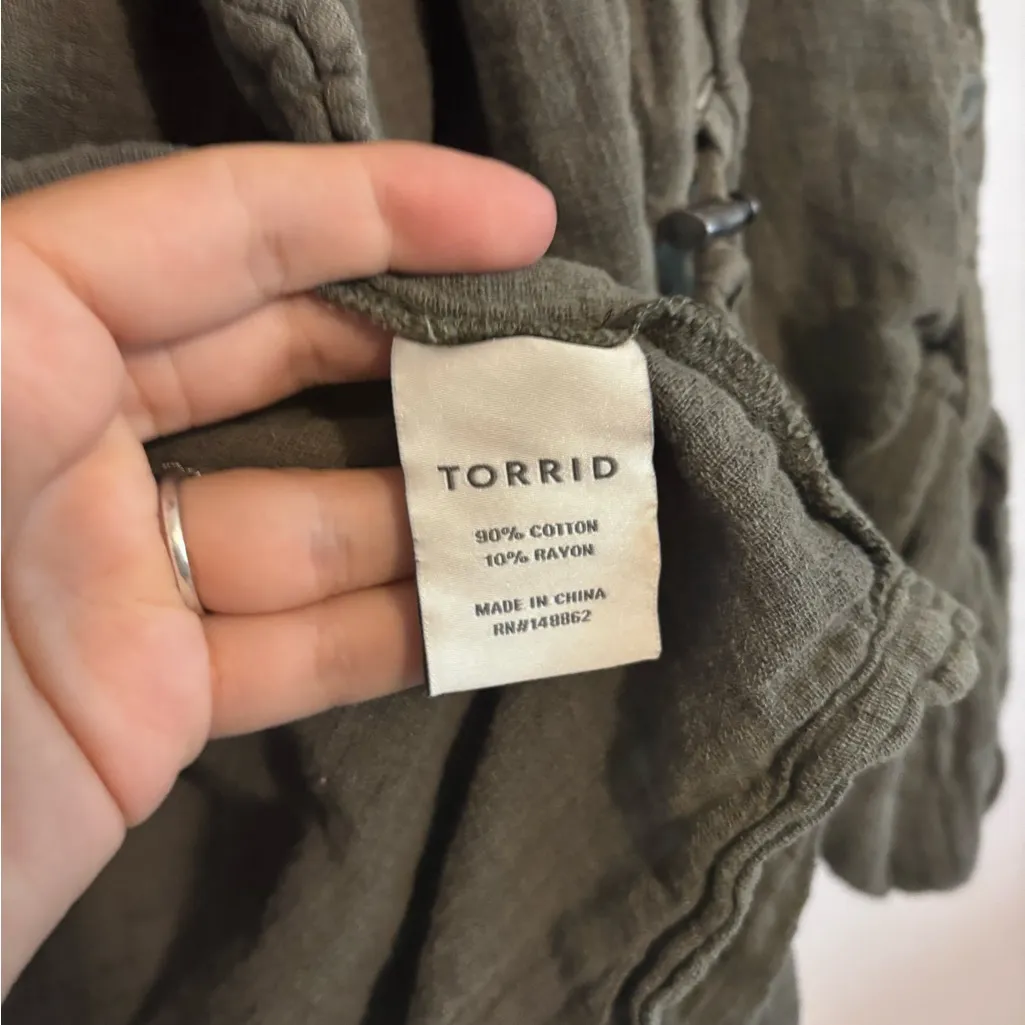 Torrid Cotton Utility Drawstring Anorak Military Olive Green Open Front Jacket - Image 6