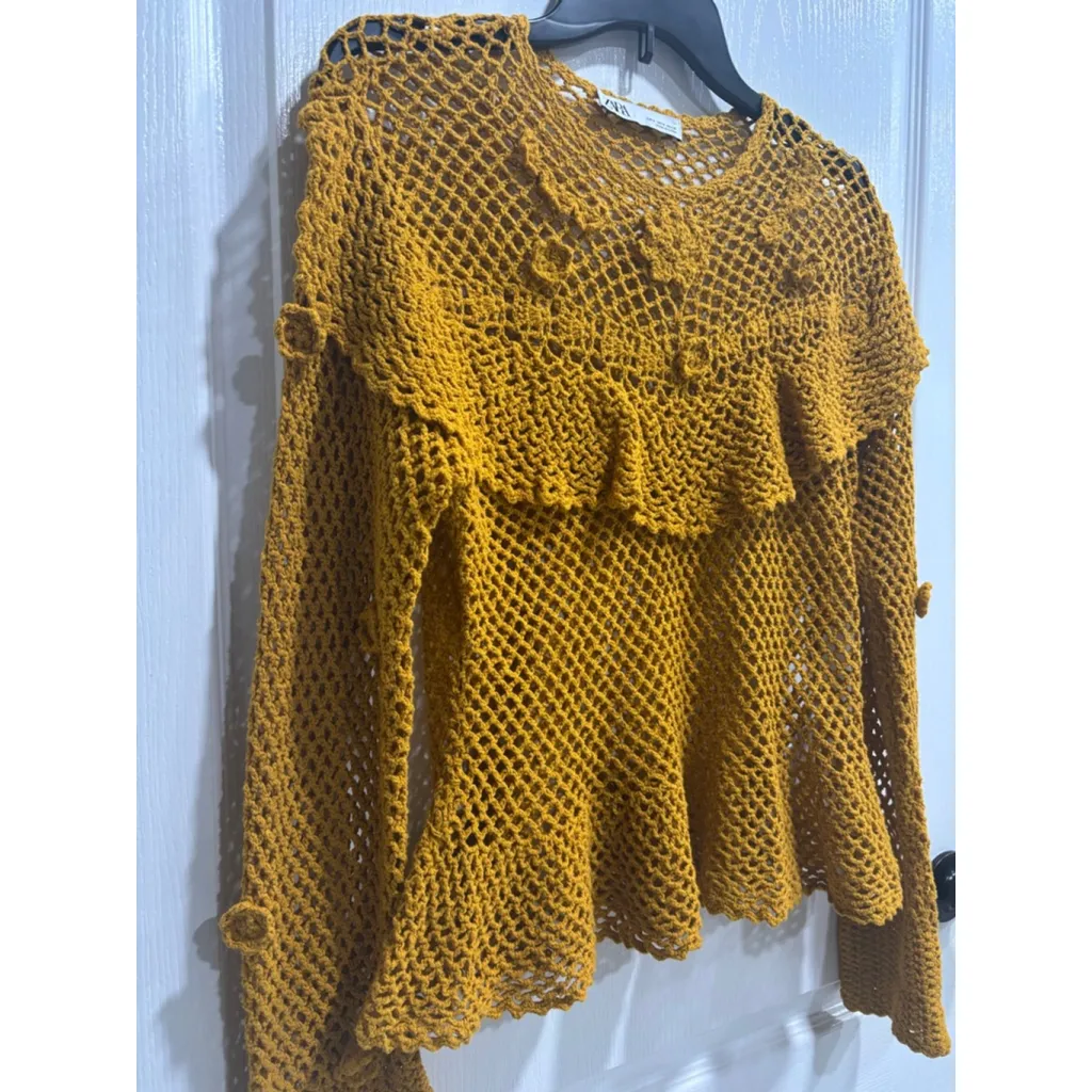 Zara Ruffled Crochet Knit Peplum Long Sleeve Top, Mustard, Women’s Size Small - Image 5