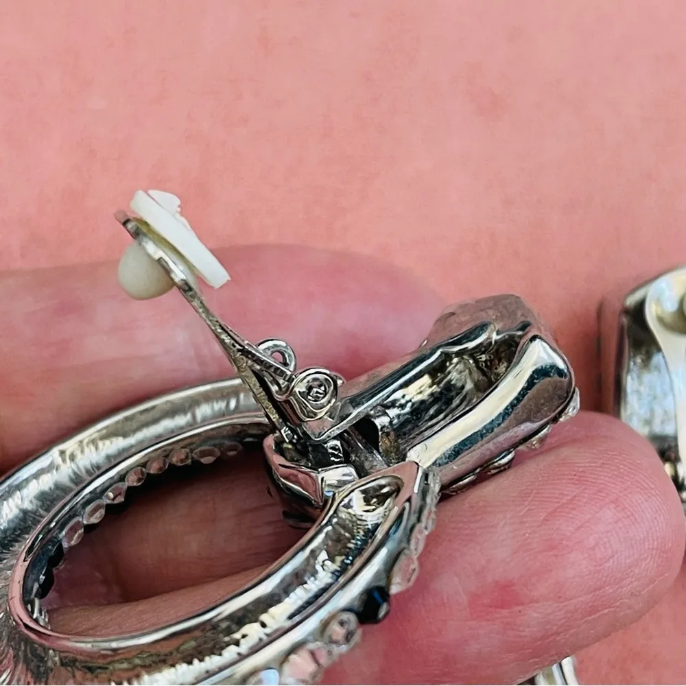 Vintage Rhinestone crystal white black Zebra Hoop clip earrings - Image 4