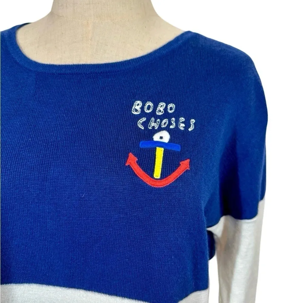 Bobo Choses Nautical Anchor Bi Color Striped Colorblock Knitted Sweater Dress Blue - Image 6