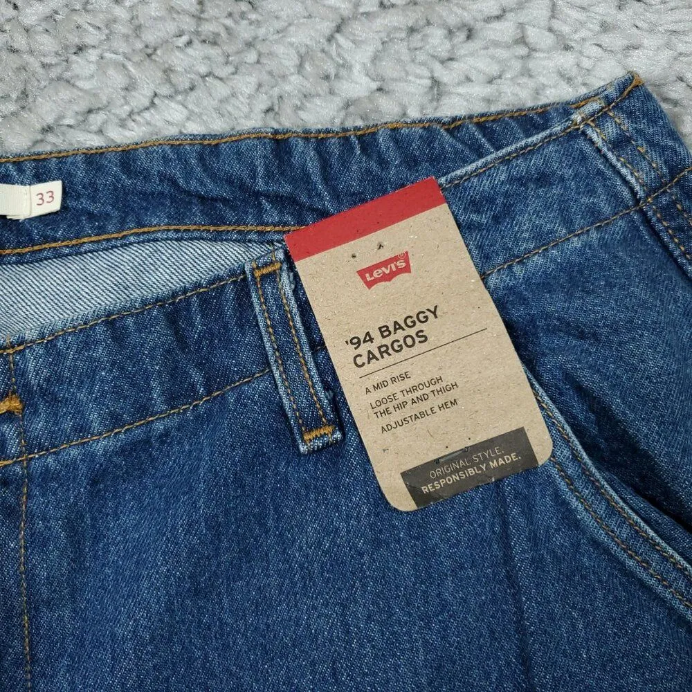 Levi's 94 Baggy Cargo Wide Leg Jeans Dark Wash Blue Y2K Size 33x32 Loose 90s - Image 5