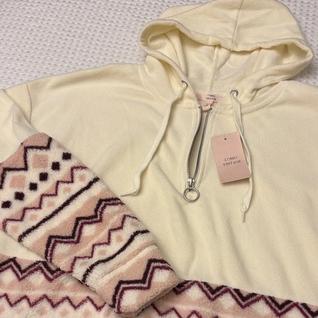 NEW! COMO VINTAGE Fleece Hoodie Sweatshirt Size L Ivory Pink Purple Geometric - Image 7