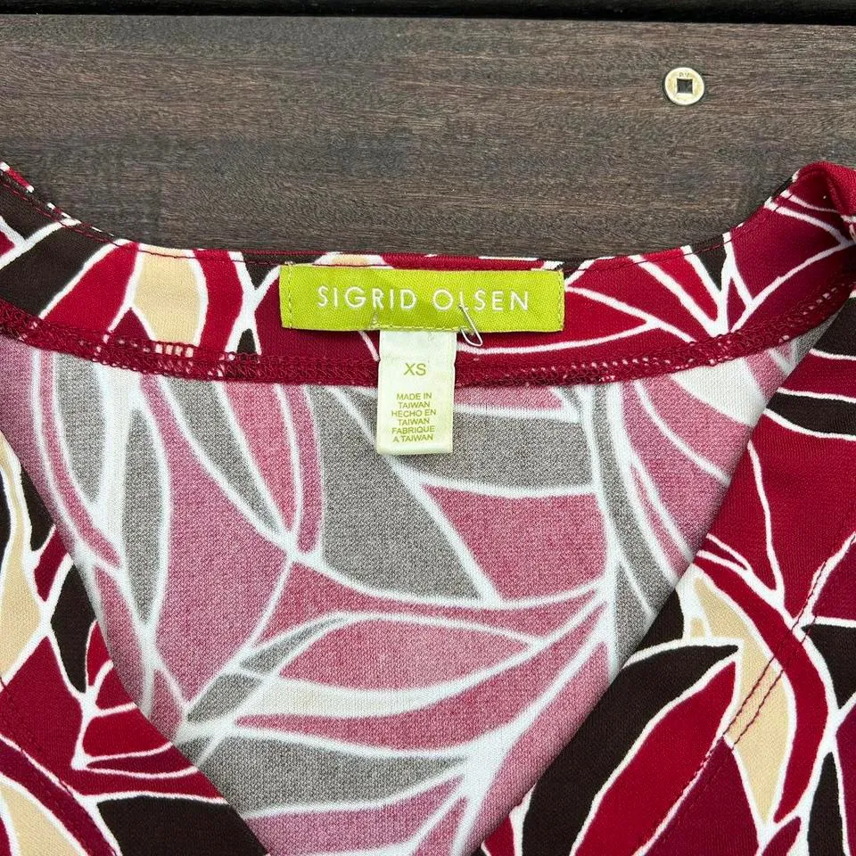 Red/Brown Sigrid Olsen Long Sleeve Stretchy Tie Front V-Neck Top w/ Leaf Design - Image 4