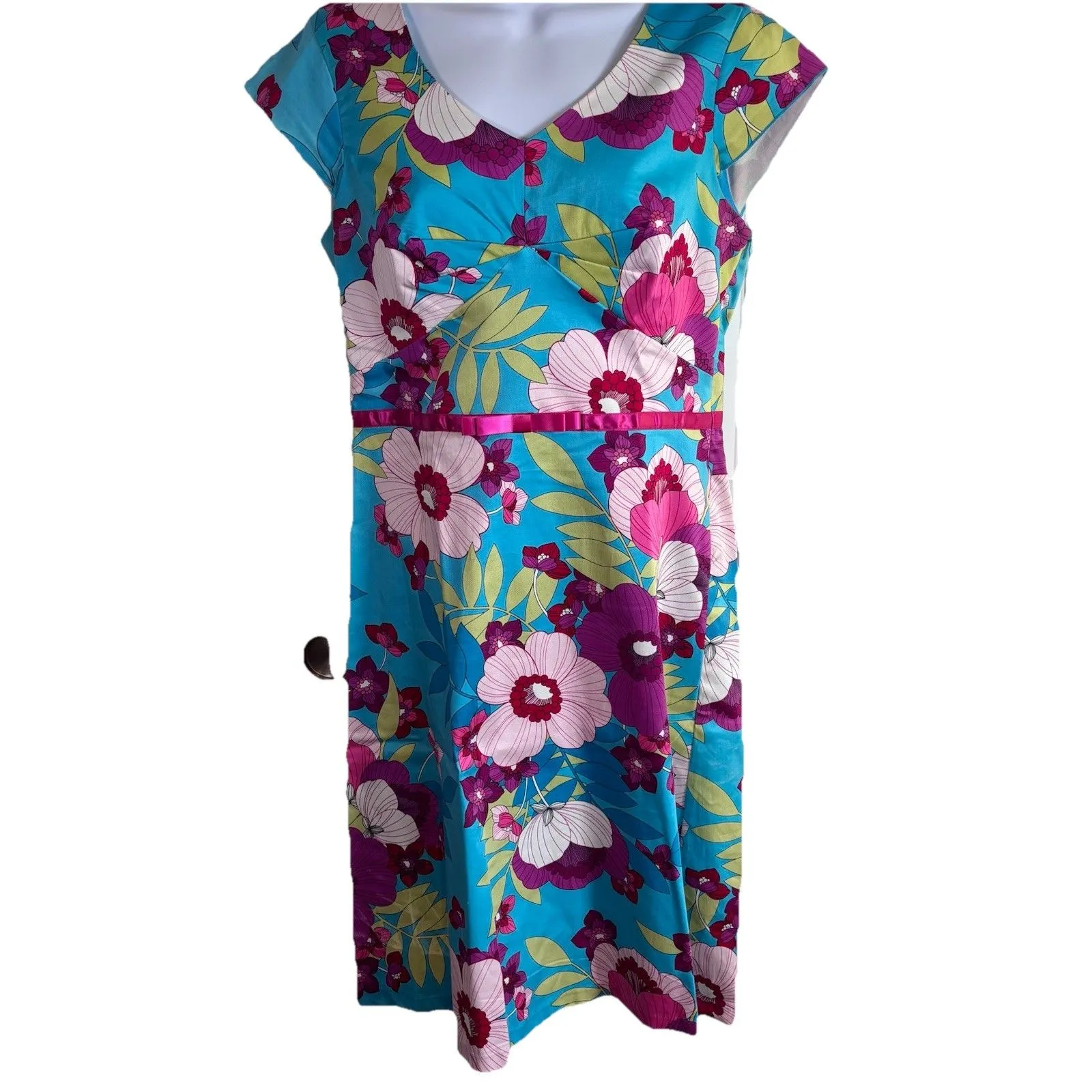 Sangria Floral Fit & Flare Dress Women’s Size 10 Blue Pink Tropical Cotton Stret - Image 3