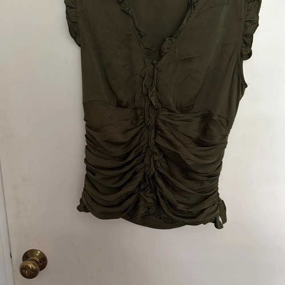 Green Ruched Cap Sleeve Blouse with Ruffles - Image 9