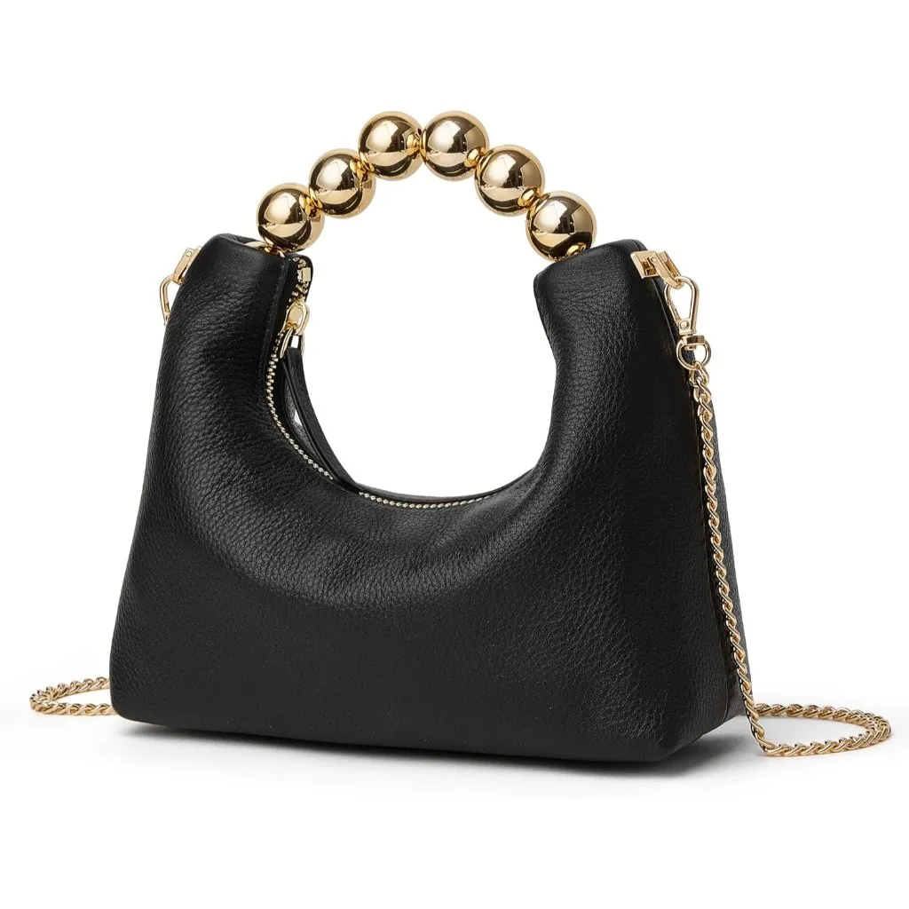 ⚡ Women's Top Handle Chain Pearl Strap Leather Crossbody Tote Black Bag - Image 8