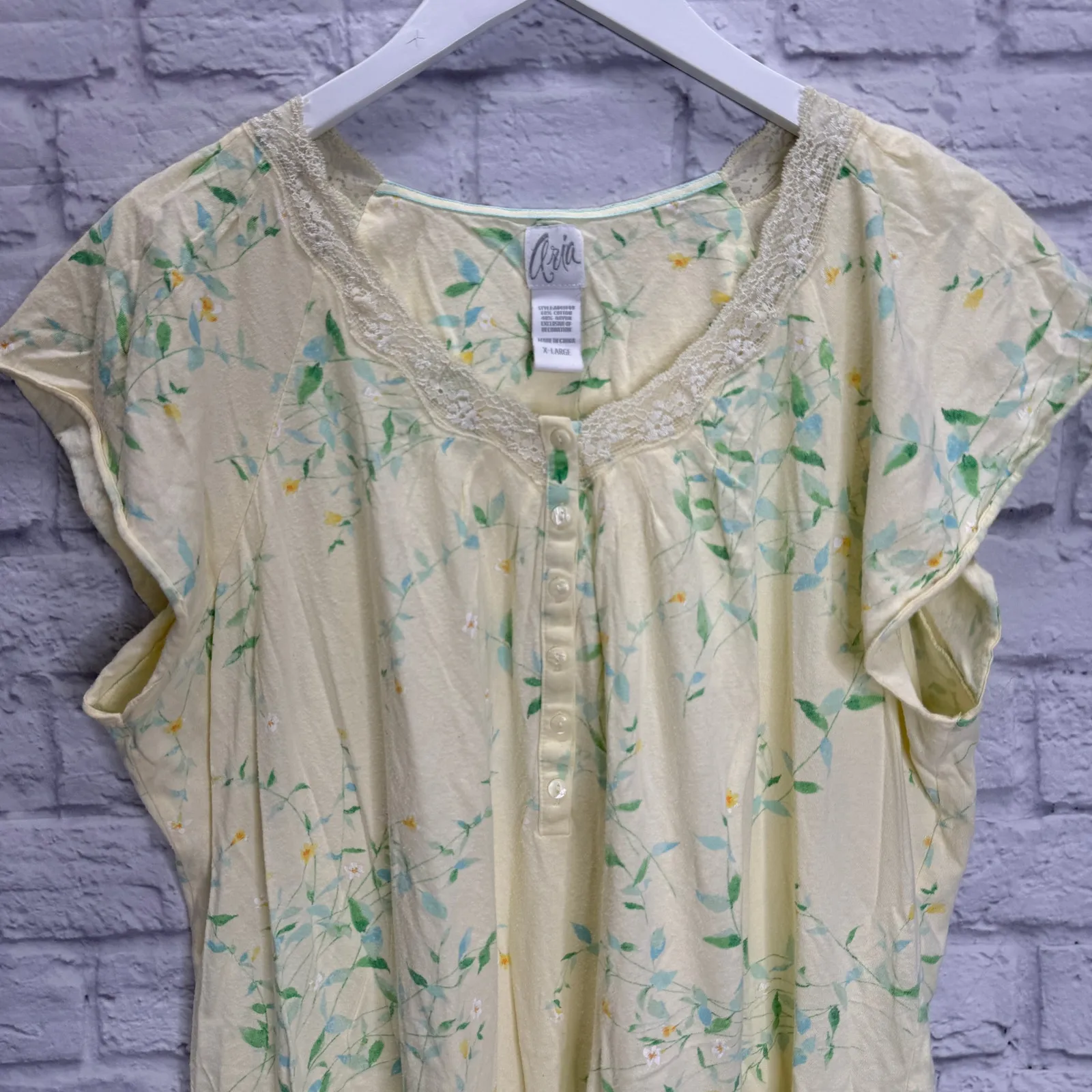 Aria Floral Short Sleeve Cotton Nightgown Size XL Yellow Green Floral Cottage - Image 3