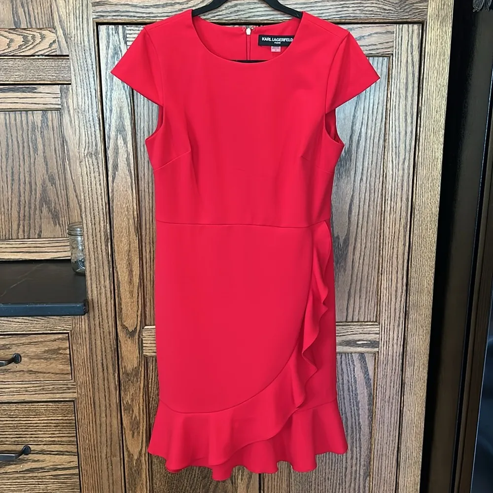 Karl Lagerfeld Paris Cherry Red Ruffle‎ Cap Sleeve Sheath Dress women’s size 10 - Image 2